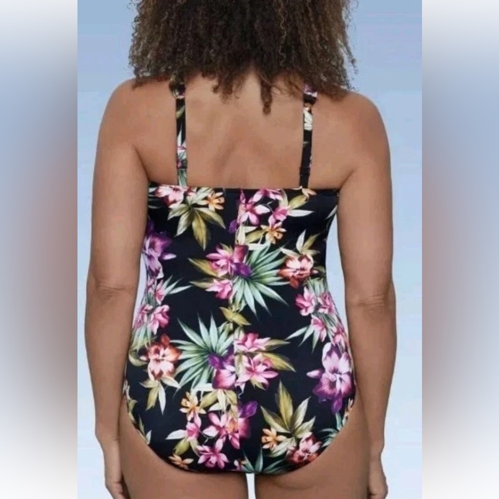 Aqua Green Women's V-Neck Shaping Swimsuit Black Floral SZ-10 NWOT - Picture 2 of 3